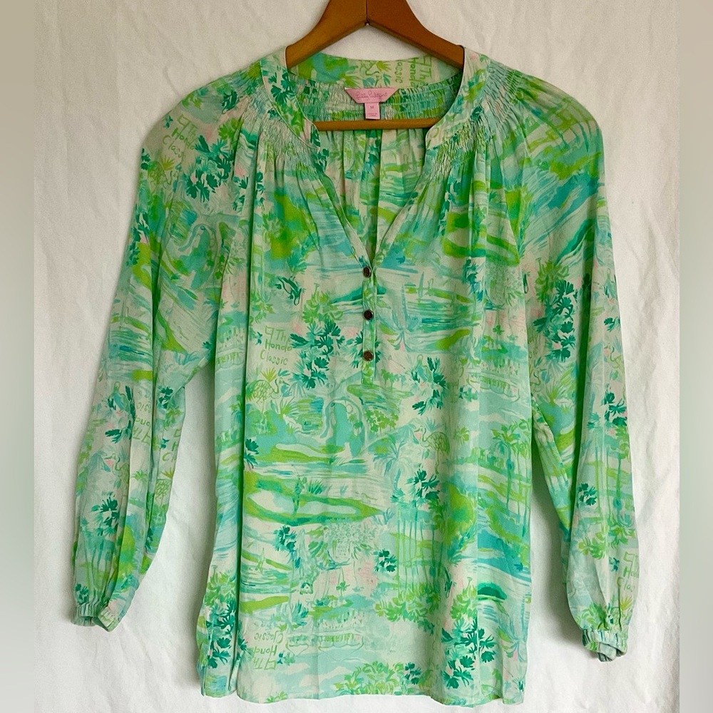 🌱Lilly Pulitzer 100% silk Aqua and Lime Patterned Blouse